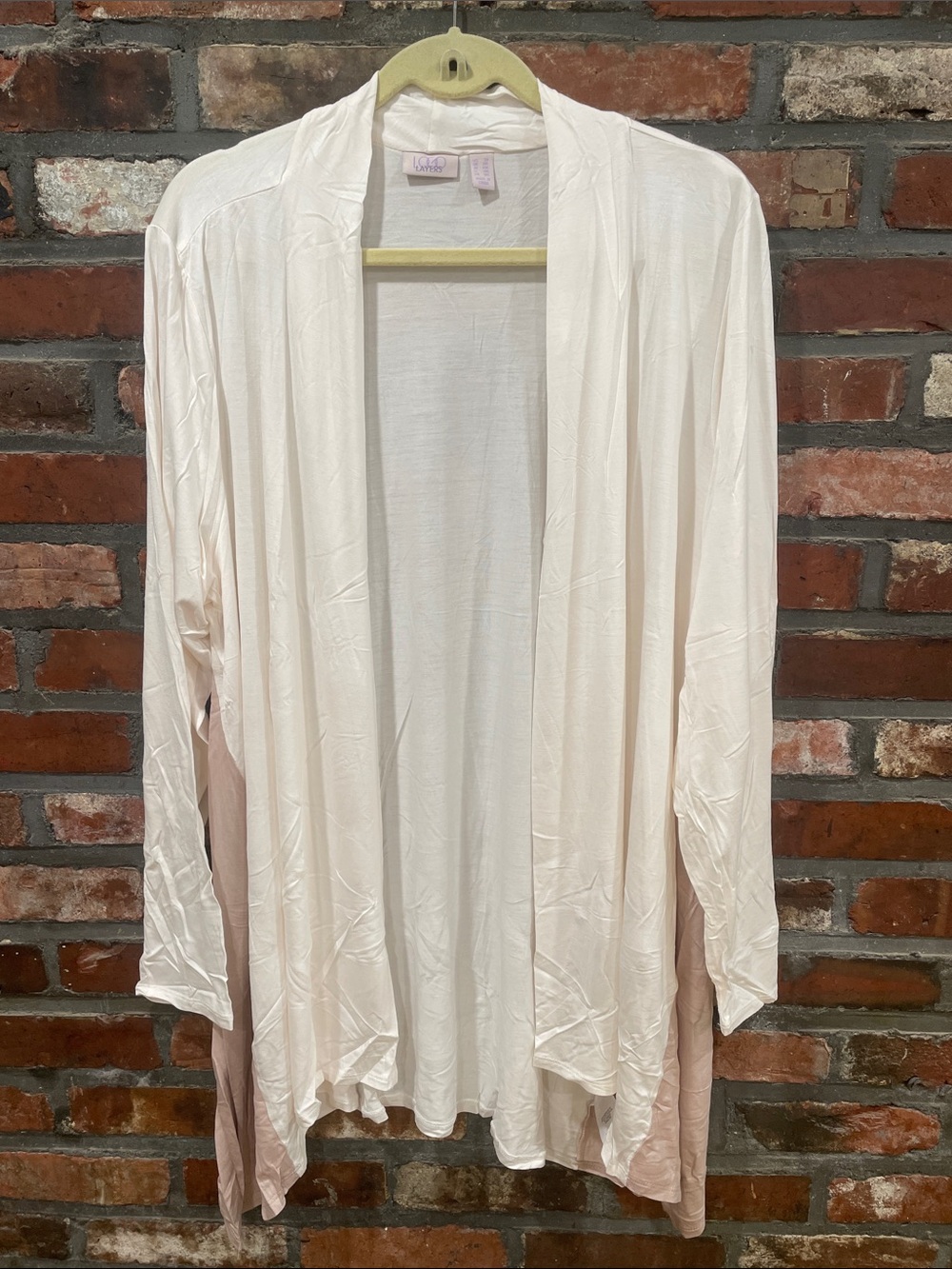LaRae Open-Front Draped Robe Cardigan in Off-White and Pale Pink